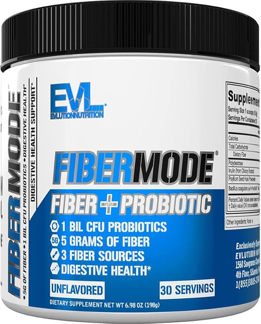 Evlution Nutrition FiberMode - Fiber + Probiotic Powder - Digestive Health & Immune Support - 1bil CFU Probiotics + 5g Fiber - Gluten Free & Vegan - Unflavored - Dietary Supplement - 30 Servings