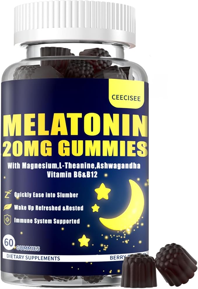 Melatonin 20mg Gummies for Women Men: Sugar Free Melatonin Supplement Extra Strength with Ashwagandha L-Theanine Magnesium Turmeric Vitamin D3 & B6 &B12 - Non-Habit Forming(60Count)
