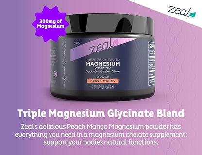 Premium Chelated Peach Mango Magnesium Glycinate, Malate, Citrate Triple Blend Magnesium Complex (Drink Mix (30 Serv.)