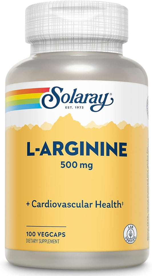 SOLARAY L-Arginine 500 mg, Nitric Oxide Supplement, Endurance, Energy, Heart Health Support, 100 Servings, 100 VegCaps