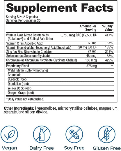VitaMedica Clear Skin Vitamin Formula | Noncystic Acne Supplement for Skin Clearing | Clear Complexion for Women and Men | Vitamins A, C, E, Selenium, Chromium, and Zinc for Skin Health | 60 Count