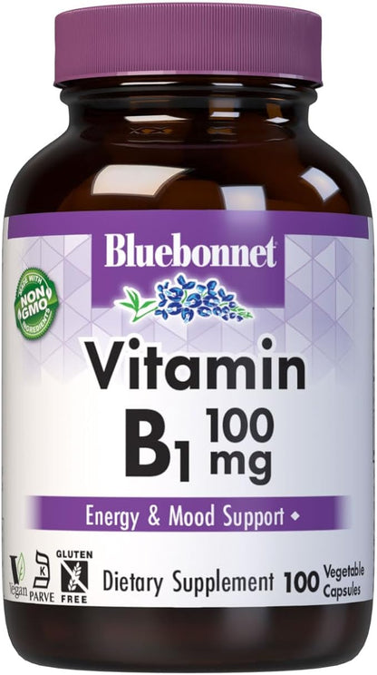 Bluebonnet Vitamin B1 100 mg - Mood Support & Energy Vitamins for Women & Men* - Thiamin HCl - Non-GMO, Vegan, Kosher, Gluten-Free - Soy & Dairy-Free - 100 Vegetable Capsules, 100 Day Supply