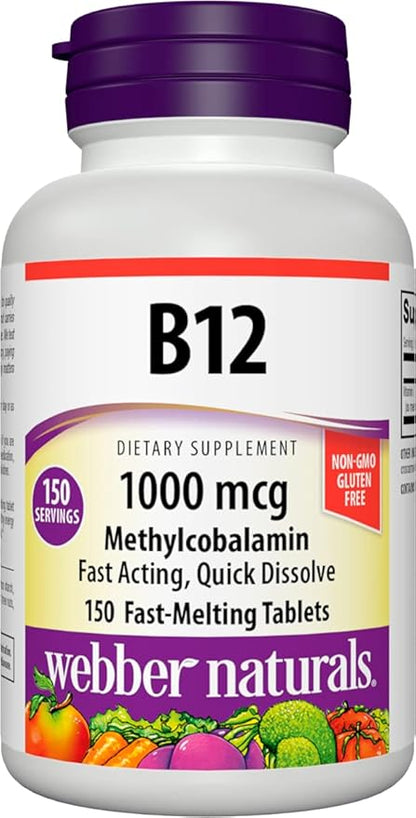 Webber Naturals Vitamin B12 1000 mcg, 150 Count, Fast Dissolve Tablets, Vitamin Supplement Support for Energy Metabolism, Immune and Heart Health, Vegetarian Formula, 150 Day Supply