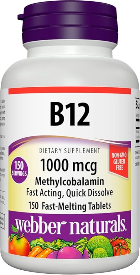 Webber Naturals Vitamin B12 1000 mcg, 150 Count, Fast Dissolve Tablets, Vitamin Supplement Support for Energy Metabolism, Immune and Heart Health, Vegetarian Formula, 150 Day Supply