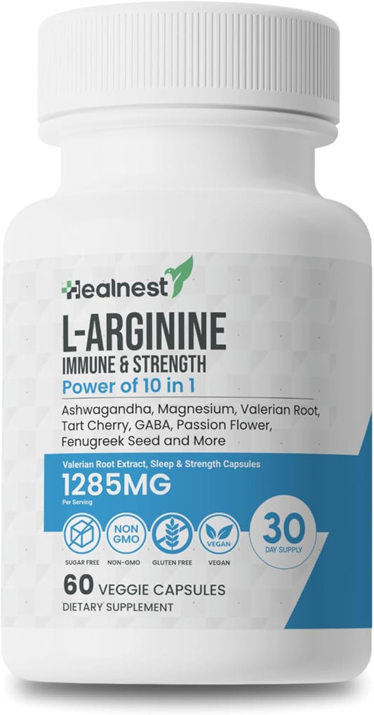 L-Arginine Capsules - 1285MG Blend of Ashwagandha, L-Theanine, Magnesium, GABA, Zinc & Tart Cherry – Muscle Recovery, Sleep & Mood Support – Non-GMO, Gluten-Free, 60 Veggie Capsules For Men And Women