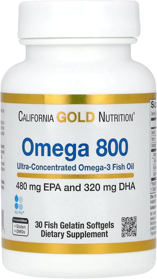 California Gold Nutrition Omega 800 Ultra-Concentrated Omega-3 Fish Oil, kd-pur Triglyceride Form, 1,000 mg, 30 Fish Gelatin Softgels