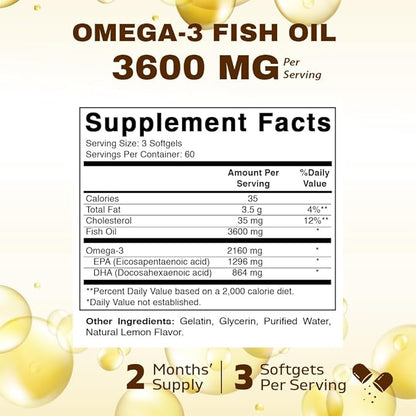 Vitamatic Triple Strength Omega 3 Fish Oil 3600mg Per Serving, 2160mg Omega 3 Fatty Acids, 1296mg EPA + 864mg DHA, Burpless Lemon Flavor, 180 Softgels