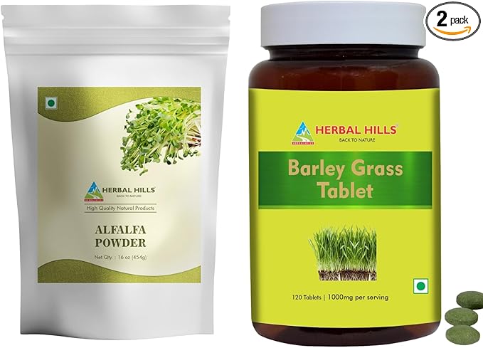 HERBAL HILLS Alfalfa Leaf Powder and Barley Grass Tablets Pack of 2 Combo