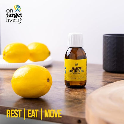 On Target Living Alaskan Cod Liver Oil- Travel Size 3.33 oz. | Naturally Occurring Vitamins A & D | Organic Lemon Flavor | Premium Line Caught Cod Liver Oil