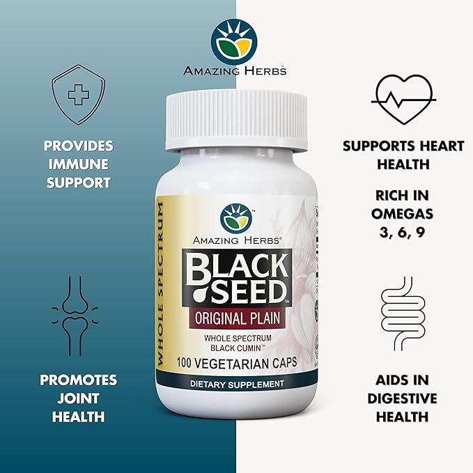 Amazing Herbs Whole Spectrum Black Seed Original Plain, Vegetarian Capsules - Gluten Free, Non GMO, Cold Pressed Nigella Sativa Aids in Digestive Health - 100 Count, 475mg (2-Pack)