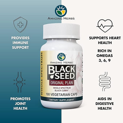 Amazing Herbs Whole Spectrum Black Seed Original Plain, Vegetarian Capsules - Gluten Free, Non GMO, Cold Pressed Nigella Sativa Aids in Digestive Health - 100 Count, 475mg (2-Pack)
