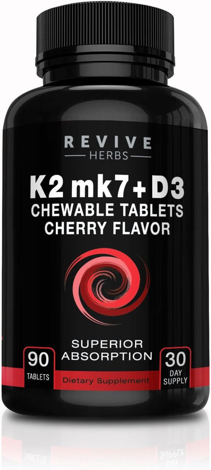 Vitamin K2 D3 - Cherry Flavored Chewable Tablets for Superior Calcium Absorption - Supports Bone & Cardiovascular Health - Serving Size K2 mk7 225 mcg, D3 6000 IU - Vitamin D3 K2