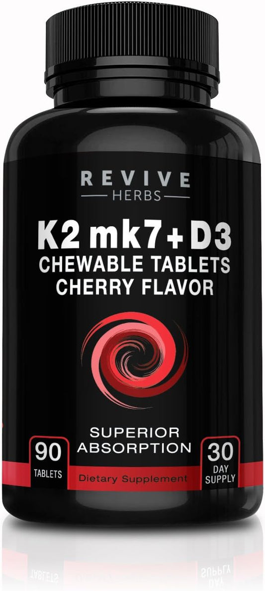 Vitamin K2 D3 - Cherry Flavored Chewable Tablets for Superior Calcium Absorption - Supports Bone & Cardiovascular Health - Serving Size K2 mk7 225 mcg, D3 6000 IU - Vitamin D3 K2