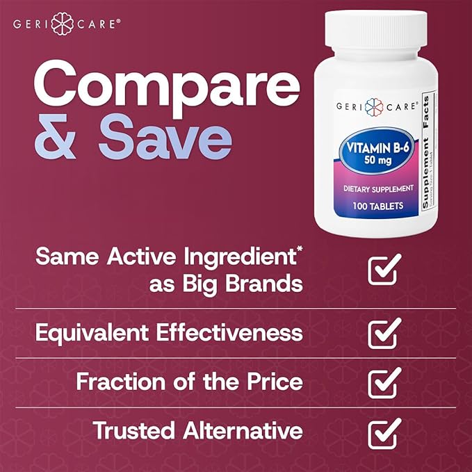 GeriCare Vitamin B-6 50mg Daily Nutritional Support for Healthy Brain Function, Helps Metabolism, Energy and Nervous System Health, 100 Count (Pack of 1)