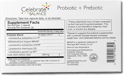 Celebrate Vitamins Balance Probiotic + Prebiotic - Post Bariatric Surgery Daily Supplement for Women & Men, 28.5 Billion CFU - Supports Digestive & Immune Health, Gluten Free (30 Capsules)