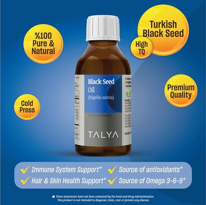 Black Seed Oil 3.4 fl. oz (100 ml) - Liquid Black Seed Oil - Dietary Supplement - Immune Support - High Thymoquinone - Cold Pressed - Pure Turkish Black Seed Oil - Non-GMO - Glass Bottle