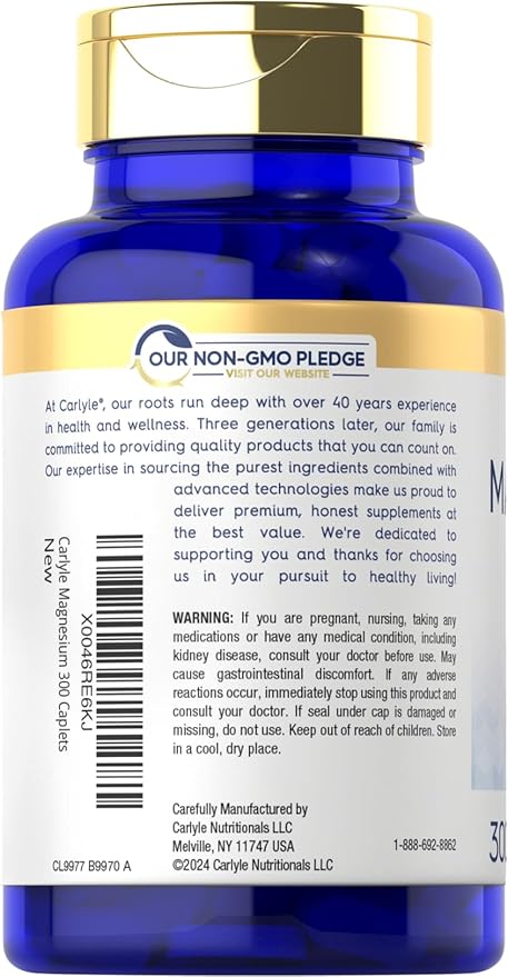 Carlyle Magnesium 500mg | 300 Coated Caplets | Vegetarian, Non-GMO, and Gluten Free Supplement