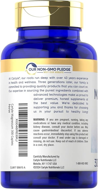 Carlyle Magnesium 500mg | 300 Coated Caplets | Vegetarian, Non-GMO, and Gluten Free Supplement