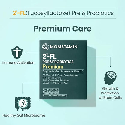 MOMSTAMIN Premium 3,000mg Human Milk Oligosaccharide (HMO 2'-FL) Prebiotic Probiotic Powder Supplement for Immunity Digestion Metabolism Gut Health, Clinically Researched (30 Sticks, 1 Month)