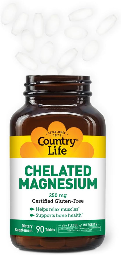 Country Life, Chelated Magnesium 250mg, Supports Bone and Immune Health, Daily Supplement, 90 ct