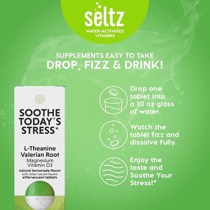 Seltz® Water-Activated Vitamins - Soothe Today´s Stress with L-Theanine, Magnesium, and Vitamin D3 – Natural Lemonade Flavor Dietary Supplement - 6 Packs x 15 Effervescent Tablets Each