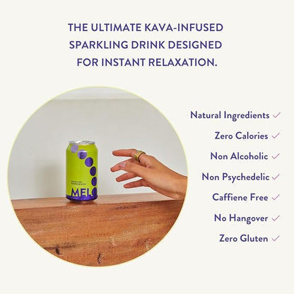 Melo Sparkling Kava Drink, Banana Cream, Sugar Free Non Alcoholic Drinks with Zero Calories, Gluten Free, Vegan, 100% Natural Mocktail with 100mg Kava Root per Drink, 6 Pack, 12 oz Cans