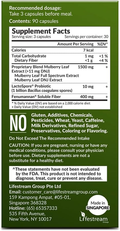 LABO Nutrition Mulbiotic Capsule, Organic Mulberry Leaf Extract + LactoSpore Probiotic & Fenumannan Prebiotic, for Healthy Carb Cravings Support, Vegetarian, Non-GMO