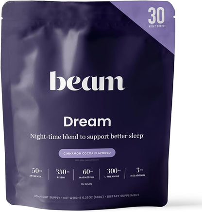 Beam Dream Sleep Powder, Natural Sleep Aid and Magnesium Hot Cocoa Drink for Adults, Calming Sleep Supplement with Apigenin, Nighttime Sleep Drink Powder, Third Party Tested Supplement, 30 Servings