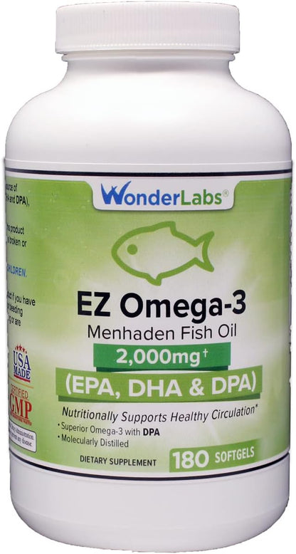 EZ Omega-3 Atlantic Menhaden Fish Oil Supplement 2000 mg, Burpless, Made in The USA, Perfect Balance of EPA+ DHA + DPA 180 Softgels