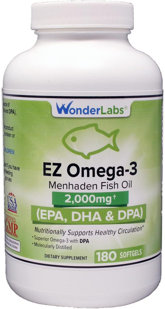 EZ Omega-3 Atlantic Menhaden Fish Oil Supplement 2000 mg, Burpless, Made in The USA, Perfect Balance of EPA+ DHA + DPA 180 Softgels