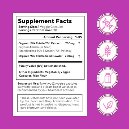 Organic Milk Thistle Supplement 70:1 Extract, 80% Silymarin, Liver Cleanse Detox & Repair, Liver Health Support, Antioxidants - 60 Vegan Capsules, Non-GMO, Gluten-Free