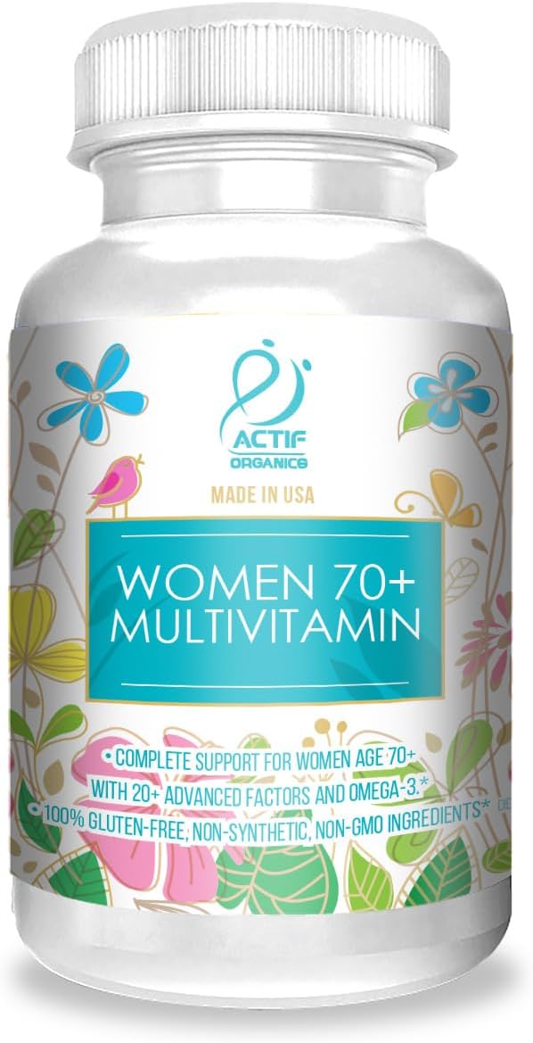 ACTIF Organic Multivitamin for Women Age 70+ with 20+ Advanced Factors and Omega-3 Oil, Non-GMO, Made in USA, 90 Count RealCaps