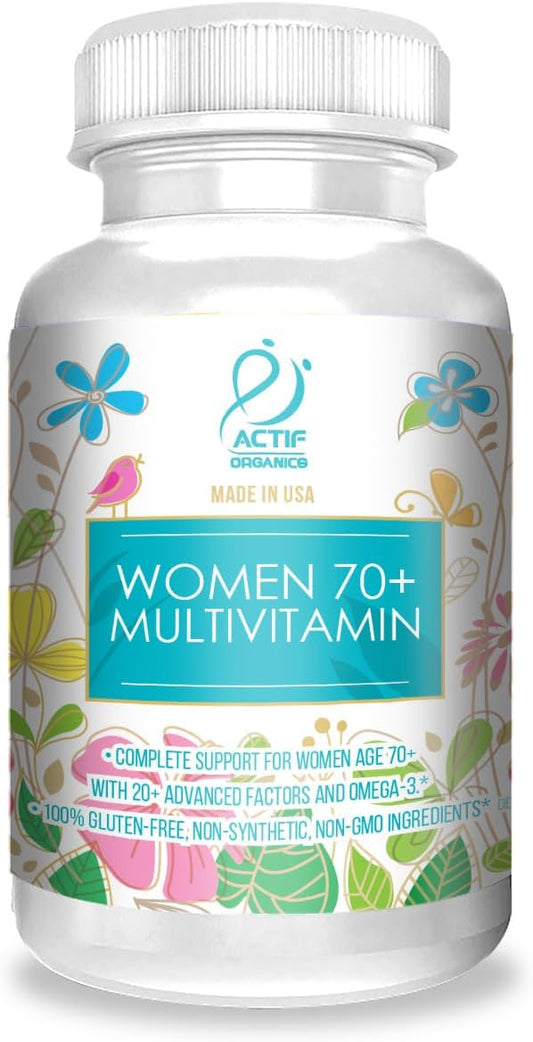 ACTIF Organic Multivitamin for Women Age 70+ with 20+ Advanced Factors and Omega-3 Oil, Non-GMO, Made in USA, 90 Count RealCaps