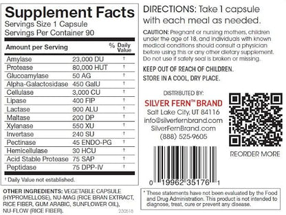 Silver Fern Brand Ultimate Digestive Enzyme Supplement - 1 Bottle = 90 Capsules - High Potency, Multi Enzyme - Digestive Comfort & Food Tolerance - Hemicullulase, Peptidase, Maltase, More