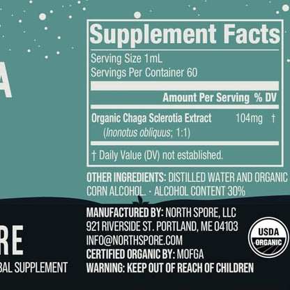 North Spore Chaga Mushroom Tincture | Energy & Wellness Boosting Supplement Drops | Adaptogenic Superfood | Dual Extract Organic Blend, 100% Fruiting Bodies | Non-GMO, Vegan - 2oz