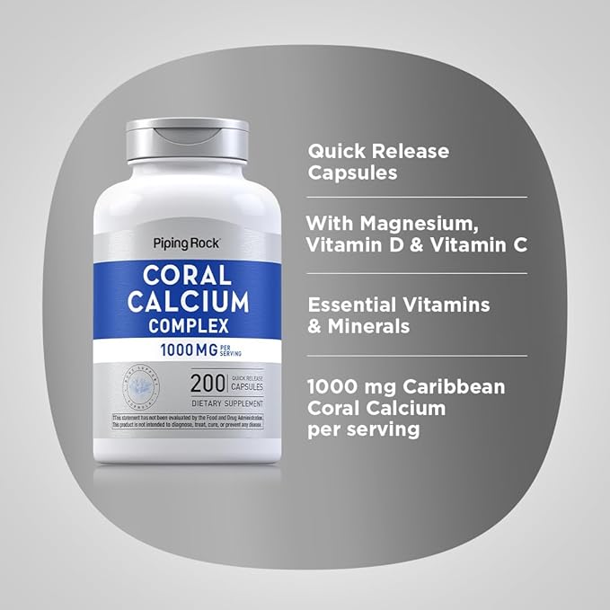 Piping Rock Coral Calcium 1000 mg | 200 Capsules | Bone Formula Complex with Vitamin D, C, and Magnesium | Non-GMO, Gluten Free Supplement