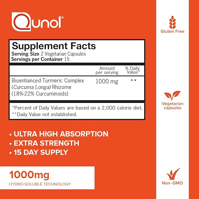 Qunol Turmeric Curcumin Capsules, 1000mg Extra Strength Supplement, Patented Hydro-Soluble Technology, Alternative to Turmeric Curcumin with Black Pepper, 30 Veggie Capsules