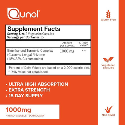 Qunol Turmeric Curcumin Capsules, 1000mg Extra Strength Supplement, Patented Hydro-Soluble Technology, Alternative to Turmeric Curcumin with Black Pepper, 30 Veggie Capsules