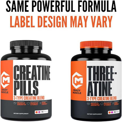 Creatine Pills, 5g 3X Pure Creatine Monohydrate Pills, Pre Workout Bulk Muscle Mass Gainer, High Absorption Easy to Take ThreeAtine 3 Type Optimum Performance for Lean Growth Men Women, 90 Tablets