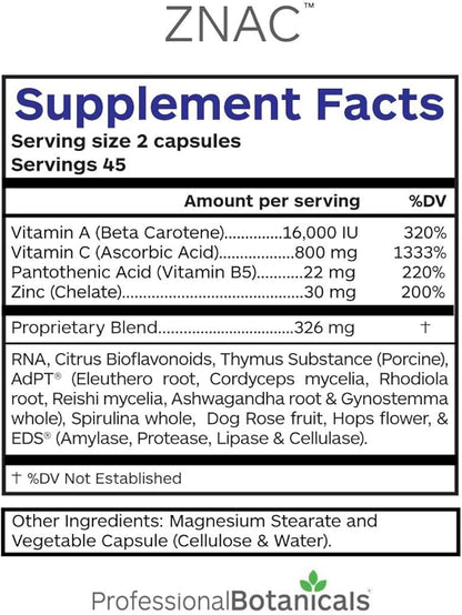 Zinc Immune Support Supplement with Vitamin C, Beta Carotene and Citrus Bioflavanoids Antioxidant Immune Support - 90 Vegetarian Capsules