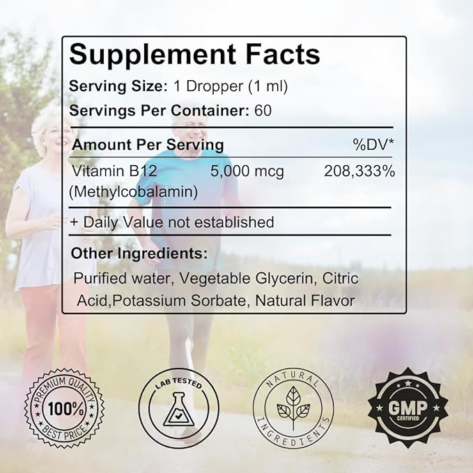 OU Vitamin B12 Liquid Drops 5000mcg - Methylcobalamin B12 for Energy, Mood & Metabolism - Fast Absorbing Sublingual B12 Vitamin - Vegan, Non-GMO, 2 Oz