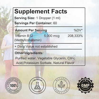 OU Vitamin B12 Liquid Drops 5000mcg - Methylcobalamin B12 for Energy, Mood & Metabolism - Fast Absorbing Sublingual B12 Vitamin - Vegan, Non-GMO, 2 Oz