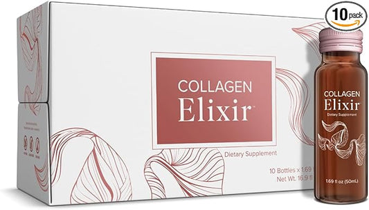 Collagen Elixir - Collagen Drink with Marine Collagen Peptides to Support a Youthful Appearance with Vitamin C, Zinc & Biotin - 1.69 fl oz - 10ct