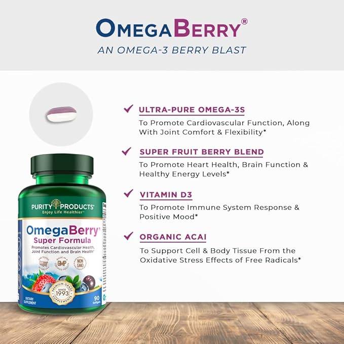 Purity Products OmegaBerry Fish Oil w/Vitamin D3 + Organic Acai Super Formula - 1875 mg of Concentrated, Molecularly Distilled, Ultra Pure Omega-3s 1080 mg EPA + 720mg DHA + 120 mg DPA - 90 Count
