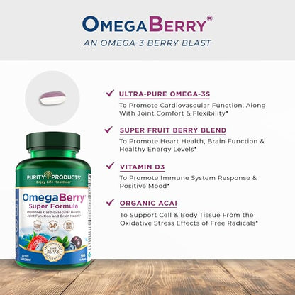 Purity Products OmegaBerry Fish Oil w/Vitamin D3 + Organic Acai Super Formula - 1875 mg of Concentrated, Molecularly Distilled, Ultra Pure Omega-3s 1080 mg EPA + 720mg DHA + 120 mg DPA - 90 Count