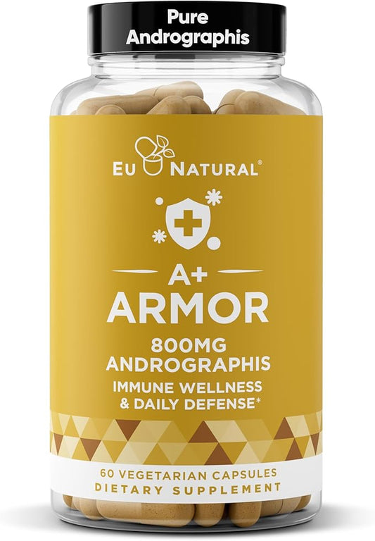 Eu Natural A+ Armor Andrographis Pure 800 Mg – Healthy Immune System Function, Physical Wellness, Potent Strength for Seasonal Protection – Full-Spectrum & Standardized – 60 Vegan Soft Capsules