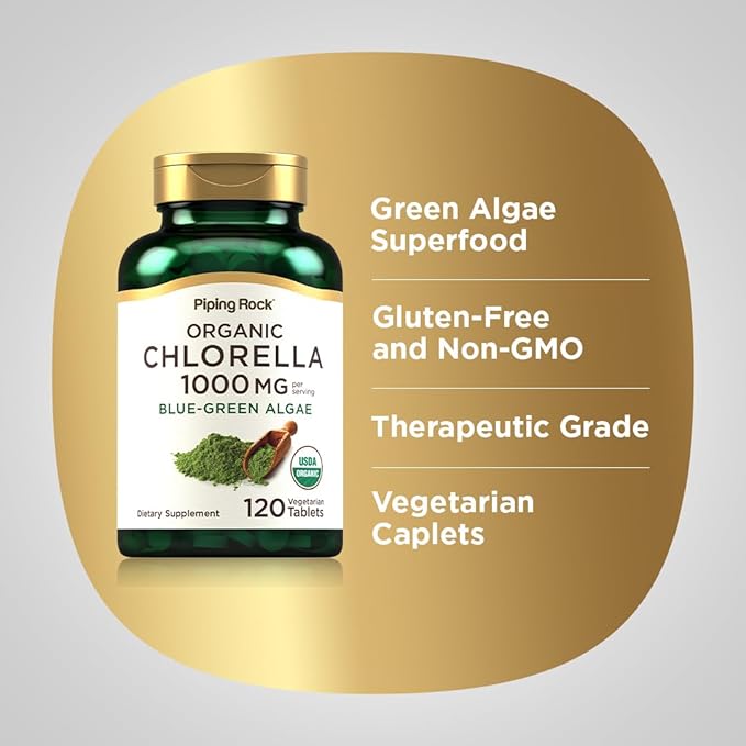 Piping Rock Chlorella | 1000mg | 120 Tablets | Blue-Green Algae | Broken Cell Wall Organic | Non-GMO, Gluten Free Supplement
