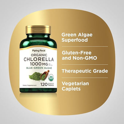 Piping Rock Chlorella | 1000mg | 120 Tablets | Blue-Green Algae | Broken Cell Wall Organic | Non-GMO, Gluten Free Supplement