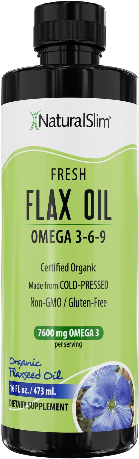 NaturalSlim Flax Oil - Flaxseed Oil Liquid Supplement with Omega 3 6 9 - Cold-Pressed Certified Organic Flax Seed Oil for Hair, Skin, Nails, Healthy Cells & Vegetable Oil for Cooking - 16 fl. Oz.