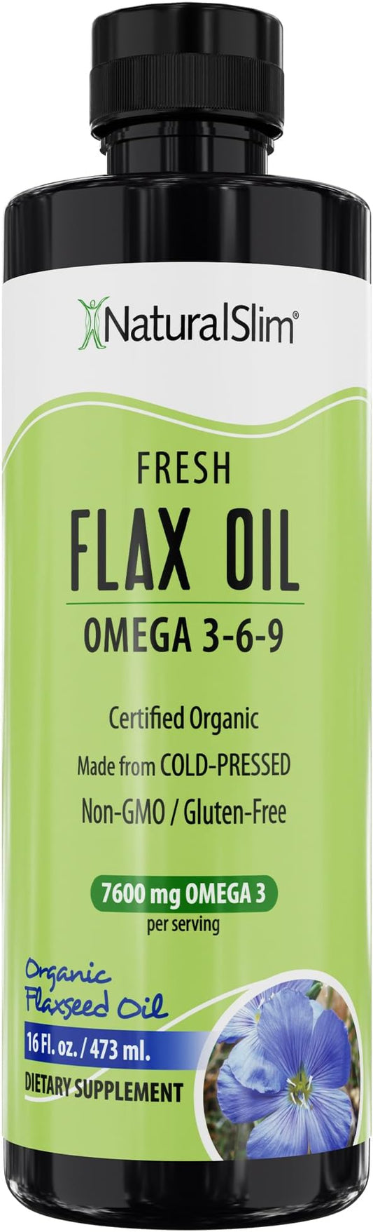 NaturalSlim Flax Oil - Flaxseed Oil Liquid Supplement with Omega 3 6 9 - Cold-Pressed Certified Organic Flax Seed Oil for Hair, Skin, Nails, Healthy Cells & Vegetable Oil for Cooking - 16 fl. Oz.